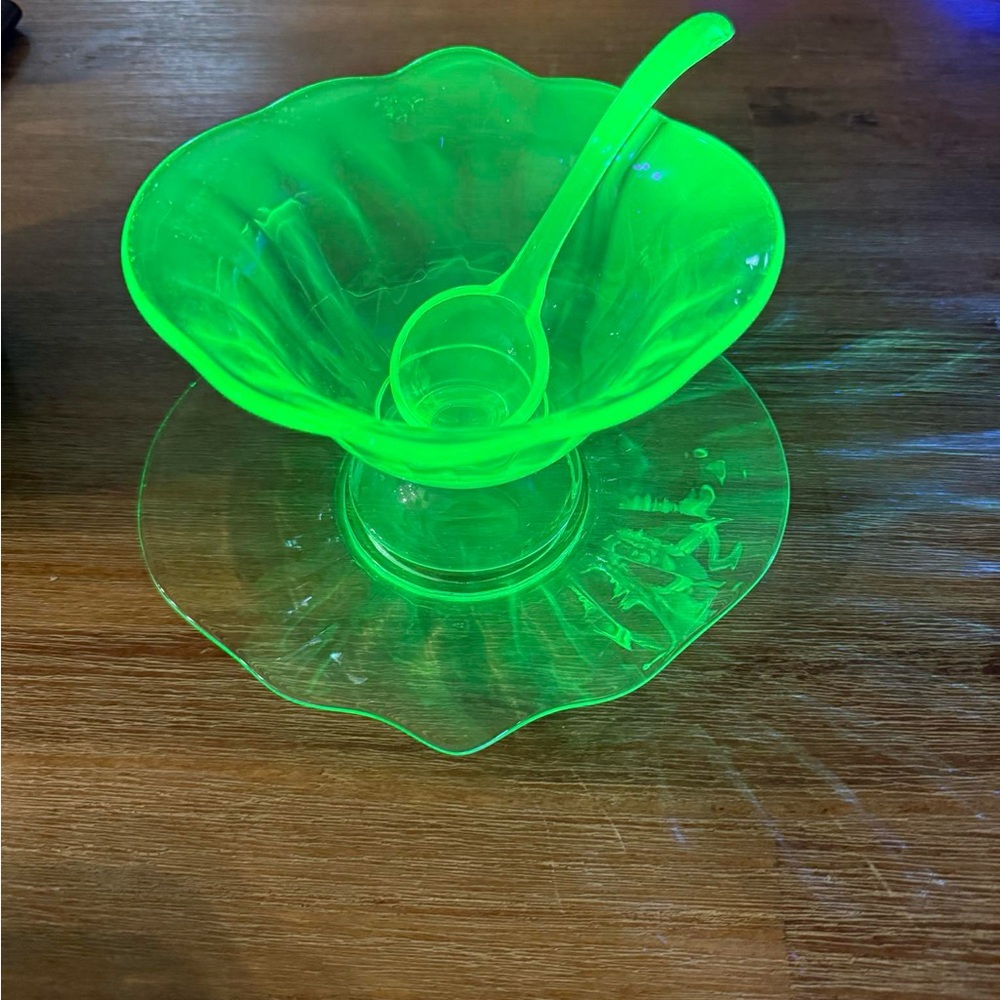 Depression Era Uranium Glass Mayonaisse Bowl on Plate With Spoon